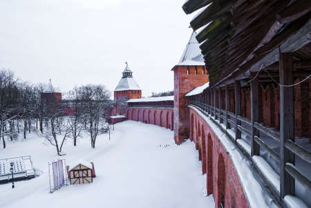 Brick wall and towers of Novgorod Kremlin in winter sceneの写真素材