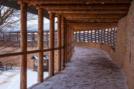 Chemin de ronde in winter scene. Fortress Izborsk of Pskov Oblastのeditorial素材