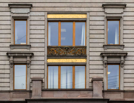 St. Petersburg, Russia - May 16, 2016: Several windows in a row on facade of Singer House front viewのeditorial素材