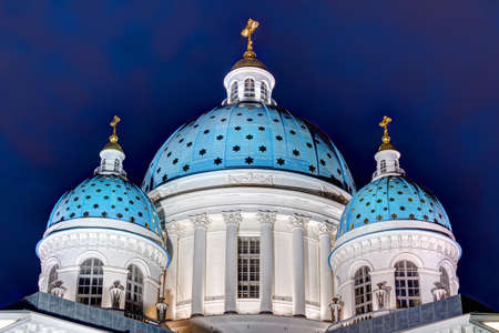 Night view of three domes of the Trinity Cathedral, St. Petersburg, Russiaの写真素材