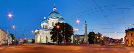 St. Petersburg, Russia -June 15, 2016: Night panoramic view of the Trinity Cathedral and the crossroad of Troitsky Prospect and Izmailovsky Prospectのeditorial素材