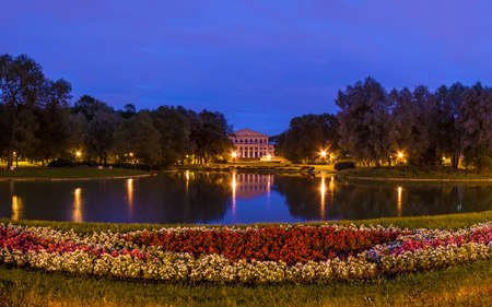 Night view of pond, park and palace in Yusupov Garden, Saint Petersburg, Russiaのeditorial素材