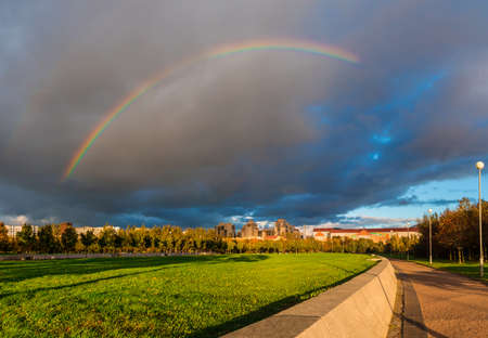 Rainbow above the Park of the 300th anniversary of St. Petersburg, Russiaの写真素材