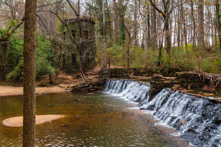 Spillway waterfall and the tower in the Lullwater Park, Atlanta, USAの写真素材