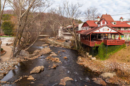 Helen, Georgia, USA - December 14, 2016: Aerial view of the Chattahoochee river and buildings on its shoreのeditorial素材