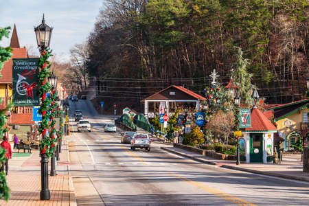 Helen, Georgia, USA - December 14, 2016: View of the Main street with Christmas decorations in bright sunny dayのeditorial素材