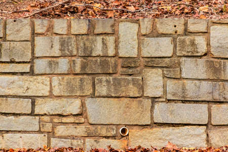 Texture of the stone wall in the autumn park with dry leavesの写真素材