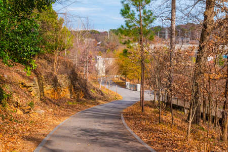 The asphalt footpath leading to the Boardwalk in the Piedmont Park in autumn day, Atlanta, USAの写真素材