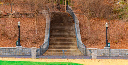 Stairs from the Promenade to the Prado Entrance in the Piedmont Park in autumn day front view, Atlanta, USAの写真素材