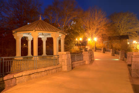 Night view of illuminated Clara Meer Gazebo and the bridge over the lake in the Piedmont Park, Atlanta, USAの写真素材