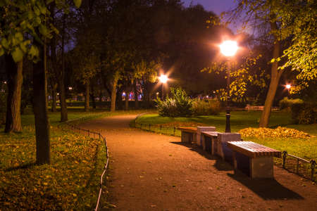 Night view of park and footpath in Yusupov Garden, Saint Petersburg, Russiaの写真素材
