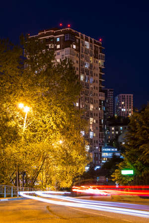 Beautiful view of illuminated Tonnelnaya street at dusk, Sochi, Russiaの写真素材