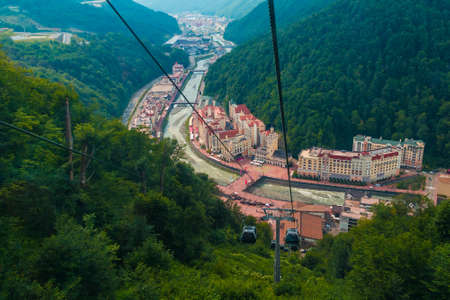 Aerial view of Krasnaya Polyana taken from the cabin of cableway, Russiaの写真素材