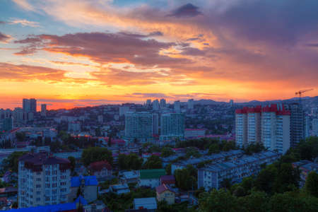 Aerial view of the Sochi city on the background of beautiful sky at sunset, Russiaの写真素材