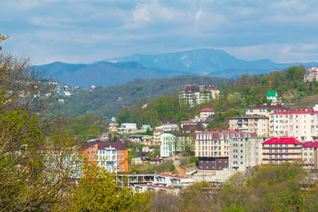 View from a height on the city Sochi and mountains, Russiaのeditorial素材