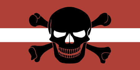 Latvian flag combined with the black pirate image of Jolly Roger with crossbonesの写真素材