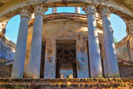 Abandoned building of the former restaurant on the top of Mount Akhun in sunny autumn day, Sochi, Russiaの写真素材