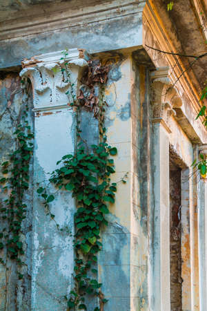 Corner of the abandoned building of the former restaurant on the top of Mount Akhun in autumn day, Sochi, Russiaの写真素材