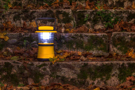 Luminous hand lantern standing on a dilapidated stone stairs covered with grass and dry leaves at nightの写真素材