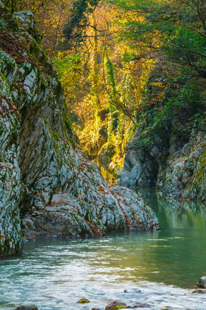 Scenic autumn landscape of Khosta River and white rocks of the Devil's Gate Canyon, Sochi, Russiaの写真素材