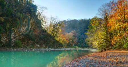 Landscape of canyon, mountains and Khosta River in Yew and Box-tree Grove in sunny autumn day,...