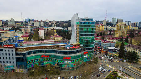 Sochi, Russia - March 18, 2018: Drone view of buildings and streets of the Central City District in cloudy dayのeditorial素材