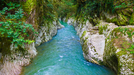 Scenic spring landscape of Khosta River and white rocks of the Devil's Gate Canyon, Sochi, Russiaの写真素材