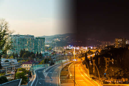 Time-lapse collage of day to night transition. Aerial view of city, mountains and Doubler of Kurortnyy Prospekt highway, Sochi, Russiaの写真素材