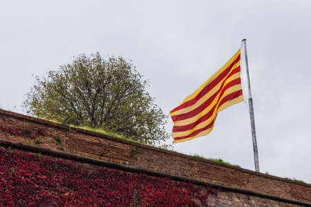 Spanish flag flying near a tree over the wall of the Montjuic Castle in overcast day, Barcelona, Spainのeditorial素材