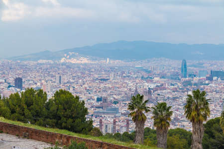 Aerial view of the Barcelona city behind trees and grass on the background of mountains in overcast day, Spainの写真素材