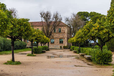 Barcelona, Catalonia, Spain - November 16, 2018: Perspective view of the alley with tangerines and the historical building in the Montjuic Castleのeditorial素材