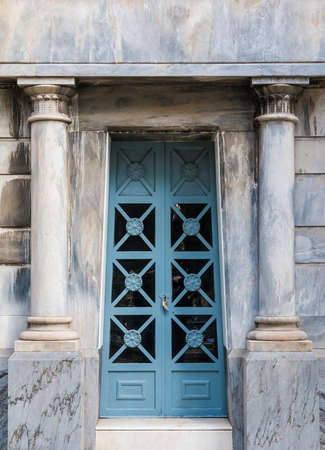 The door of the stone crypt on the Montjuic Cemetery closeup front view, Barcelona, Catalonia, Spainの写真素材