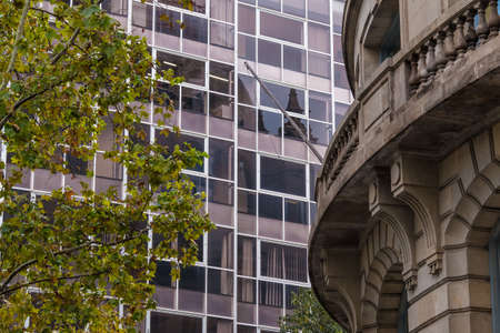 Composition of two facades of historic and modern buildings and foliage of plane tree, Barcelona, Catalonia, Spainの写真素材