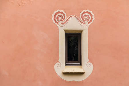 Barcelona, Catalonia, Spain - November 18, 2018: A window on the facade of historic building of the Gaudi House Museum in the Park Guell closeup front viewのeditorial素材
