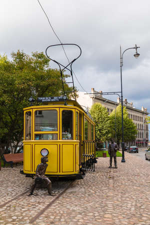 Vyborg, Leningrad Oblast, Russia - September 12, 2018: Tram Cafe on Bankovskiy Proyezd on the background of apartment building in overcast dayのeditorial素材