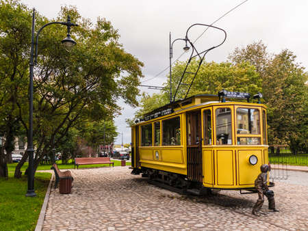 Vyborg, Leningrad Oblast, Russia - September 12, 2018: Tram Cafe on Bankovskiy Proyezd in overcast autumn dayのeditorial素材
