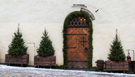 Spruces near the door on facade of the urban historic building front view, Tallinn, Estoniaの写真素材