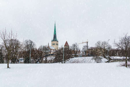 Panoramic view of the park on the background of walls and towers of Tallinn Old Town in snowy winter day, Estoniaの写真素材