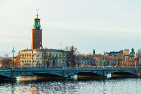 Panoramic view of Stockholm with the Vasabron Bridge, the Stromsborg Islet and the tower of the Stockholm City Hall in winter day, Swedenのeditorial素材