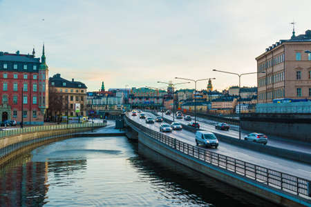 Stockholm, Sweden - December 26, 2018: Panoramic view of the Stockholm City with the Centralbron Bridge and the Riddarholmskanalen Canal from the Riddarholmsbron Bridge in winter dayのeditorial素材