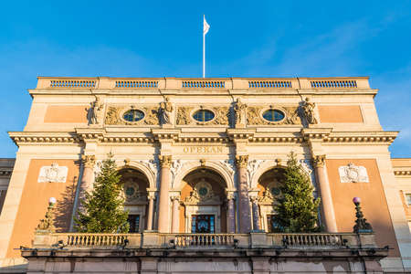 Low-angle view of the facade of the Royal Swedish Opera in sunny day, Stockholm, Swedenのeditorial素材
