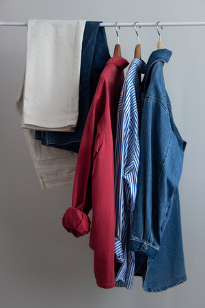 Dressing room, trousers and shirts hanging on hangers. High quality photoの写真素材