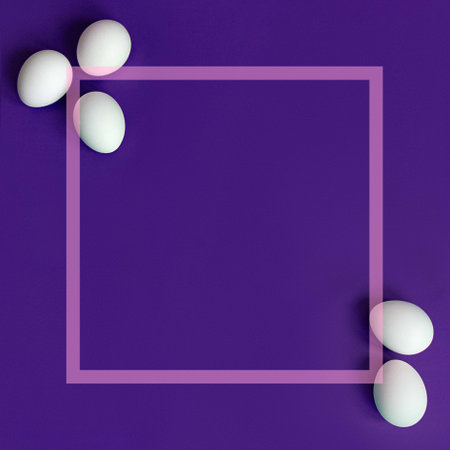 mockup stylish minimalist layout for easter, white eggs on purple backgroundの写真素材