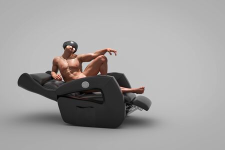 a man is lying on a sofa wearing virtual reality glasses. god with angels trying to touch himの写真素材