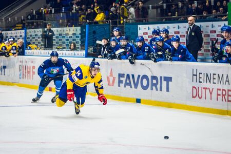 Kiev, Ukraine - December 17, 2019: ice hockey u20 world championship Ukraine - Ukraine VS Italyのeditorial素材