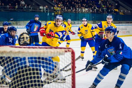 Kiev, Ukraine - December 17, 2019: ice hockey u20 world championship Ukraine - Ukraine VS Italyのeditorial素材