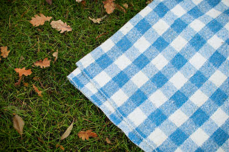 In the woods on the grass, covered with fallen leaves, are two warm blanket to relax in the woods after the walk.の写真素材