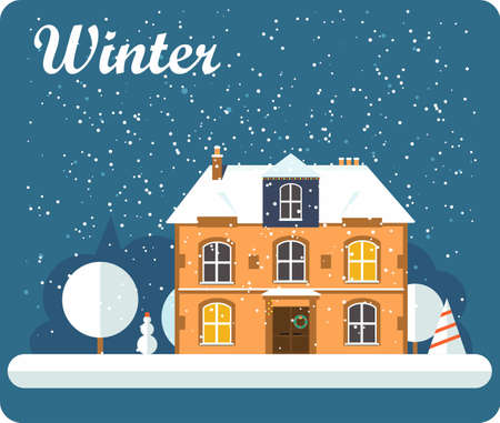 Illustration Merry Christmas and Happy New Year Background with Winter City Landscape with flat houses and trees and decorations. Christmas in town, Greeting cardのイラスト素材