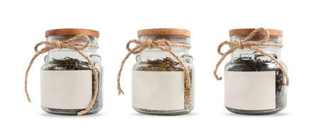 Tea in glass jars isolated on white background. Mockup labelの写真素材