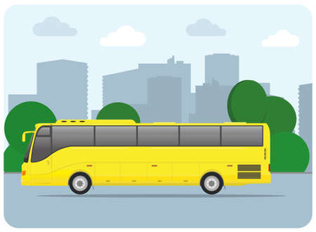 picture of a yellow bus on a city street, flat style illustrationのイラスト素材